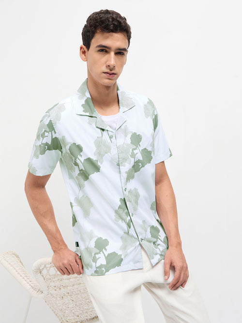 Olive Green Floral Printed Casual Shirt