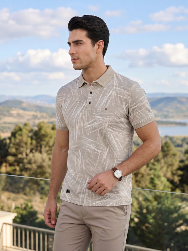Beige Abstract Brush Printed  Polo T Shirt