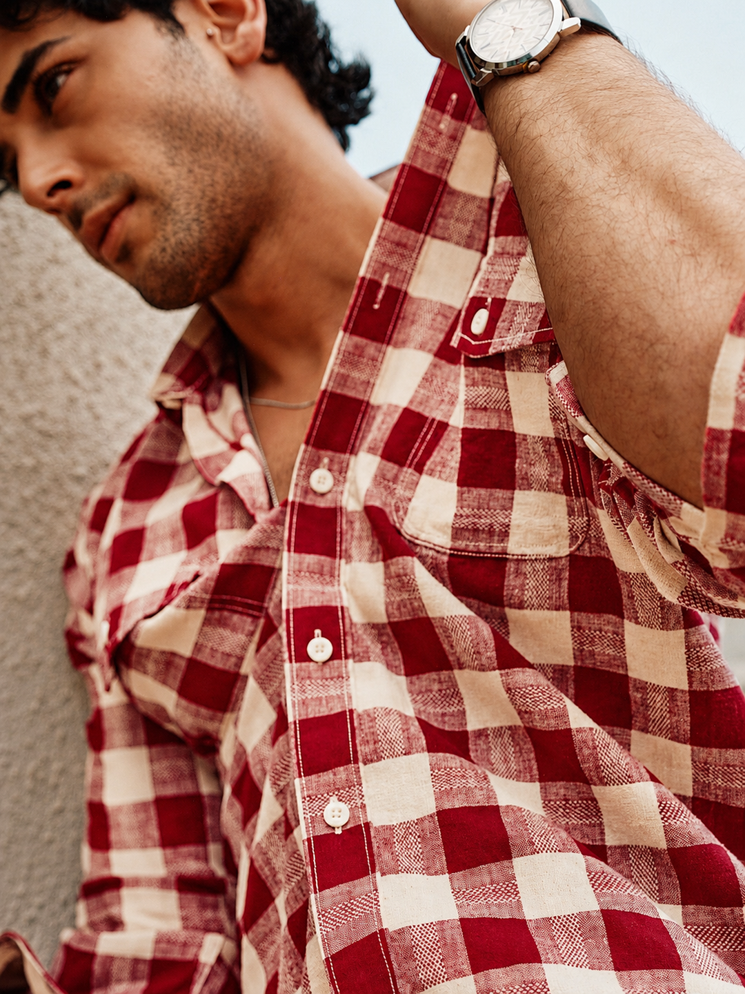 Classic Red Checked Casual Shirt With Dual Pockets
