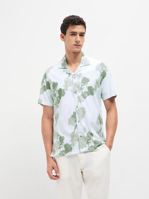 Olive Green Floral Printed Casual Shirt