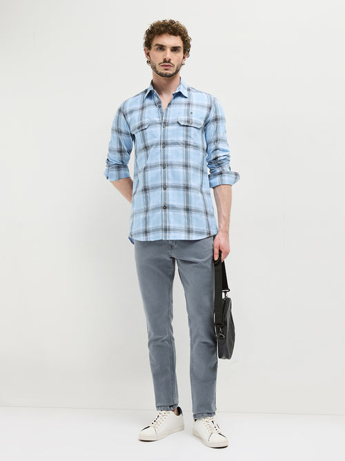 Sea Blue Checked Casual Shirt