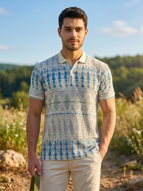 Sea Blue Printed Polo T Shirt