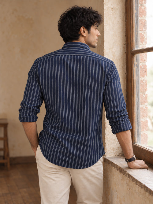 Dark Navy and White Embroider Vertical Stripes Casual Shirt