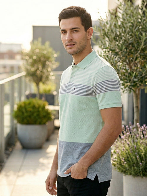 Mint Green Horizontal Stripes Polo T Shirt