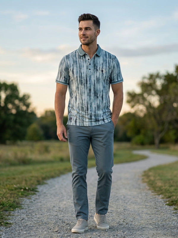 Dusty Teal Stripe Printed Polo T Shirt