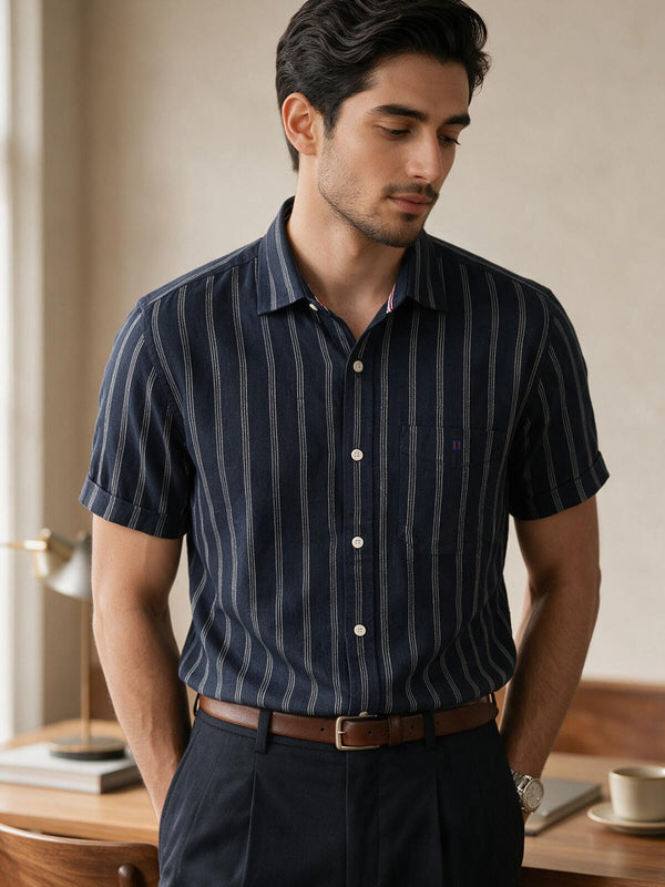 Ocean Navy Vertical Stripes Casual Shirt