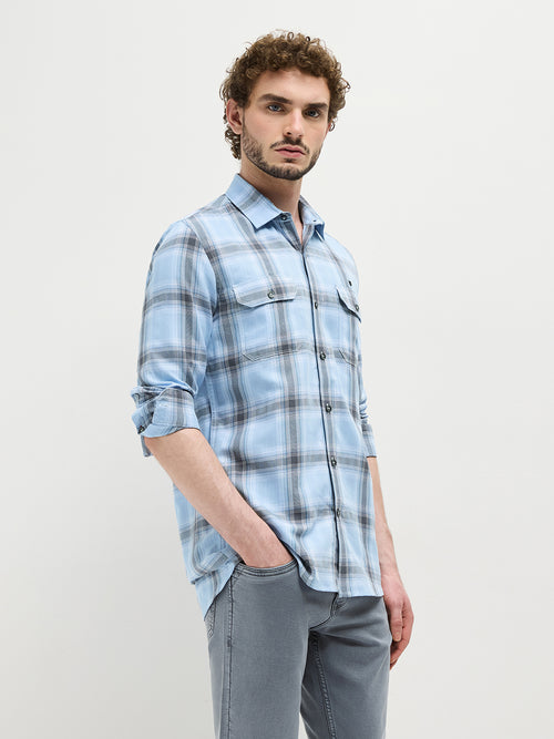 Sea Blue Checked Casual Shirt