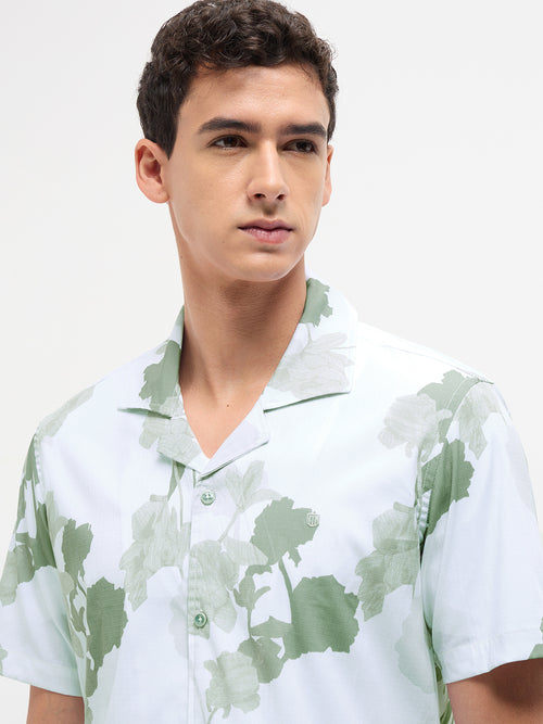 Olive Green Floral Printed Casual Shirt