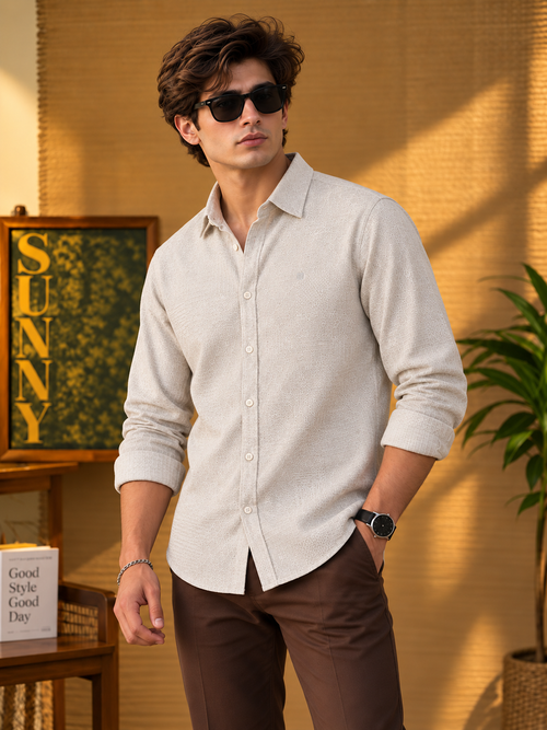 Pale Beige Embroidery Printed Casual Shirt