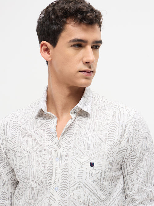 White Geometric Printed Casual Shirt