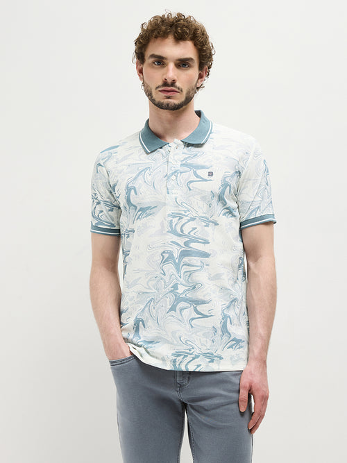 Teal Blue Printed Polo T Shirt