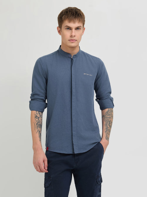 Orion Blue Textured Printed Casual Shirt