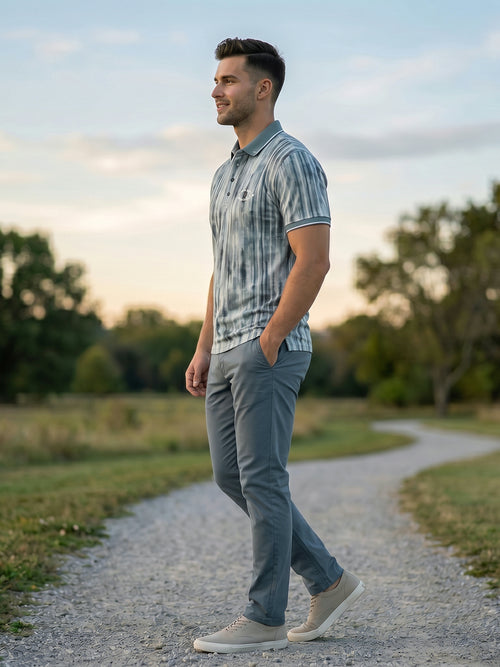 Dusty Teal Stripe Printed Polo T Shirt
