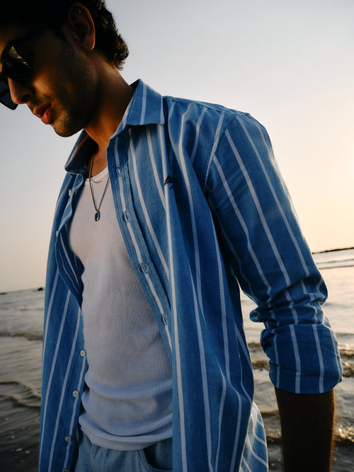 Coastal Blue Vertical Stripes Urban Casual Shirt