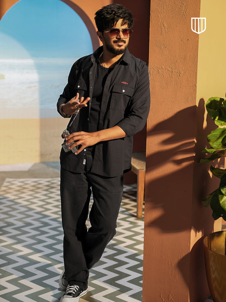 Classic Black Urban Casual Shirt With Dual Pockets
