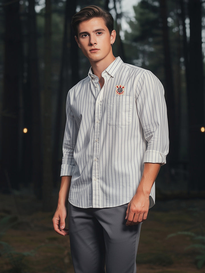 white and blue striped shirt