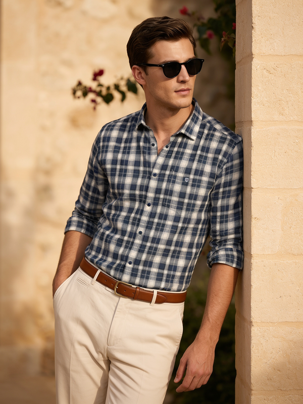 Mineral Blue and Birch White Checked Casual Shirt