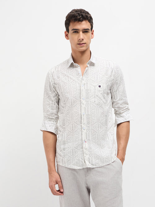 White Geometric Printed Casual Shirt
