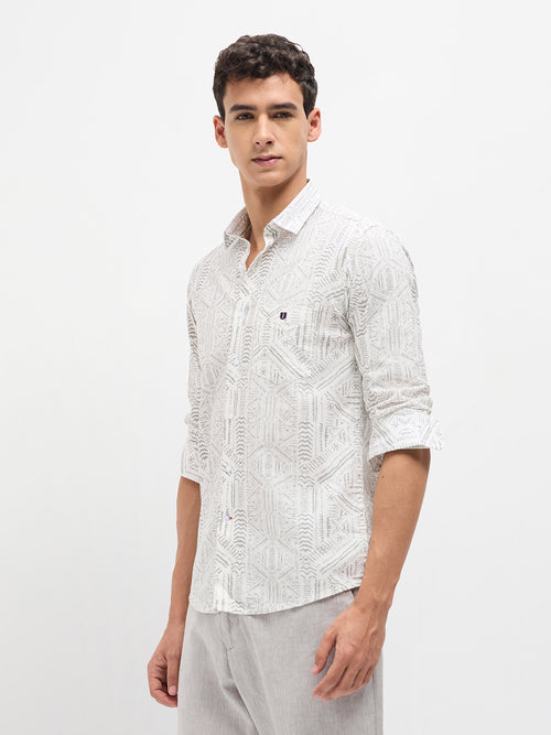 White Geometric Printed Casual Shirt