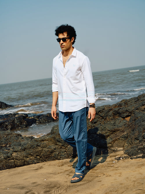 Moon White Panel Stripes Urban Casual Shirt