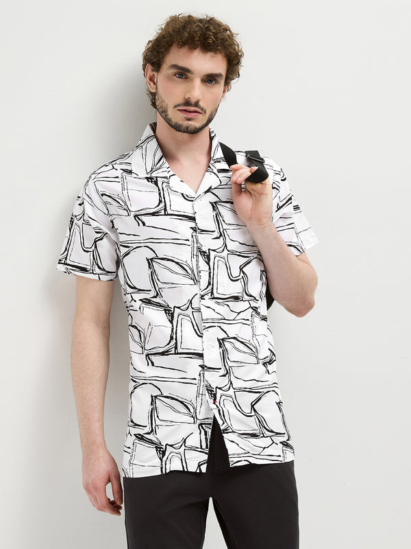 White Abstract Printed Casual Shirt