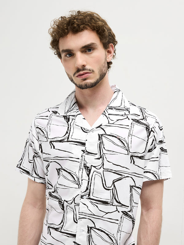 White Abstract Printed Casual Shirt