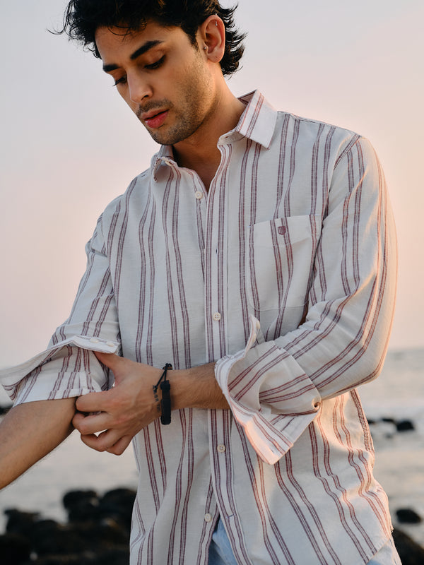 Brick Wine Vertical Stripes Casual Shirt